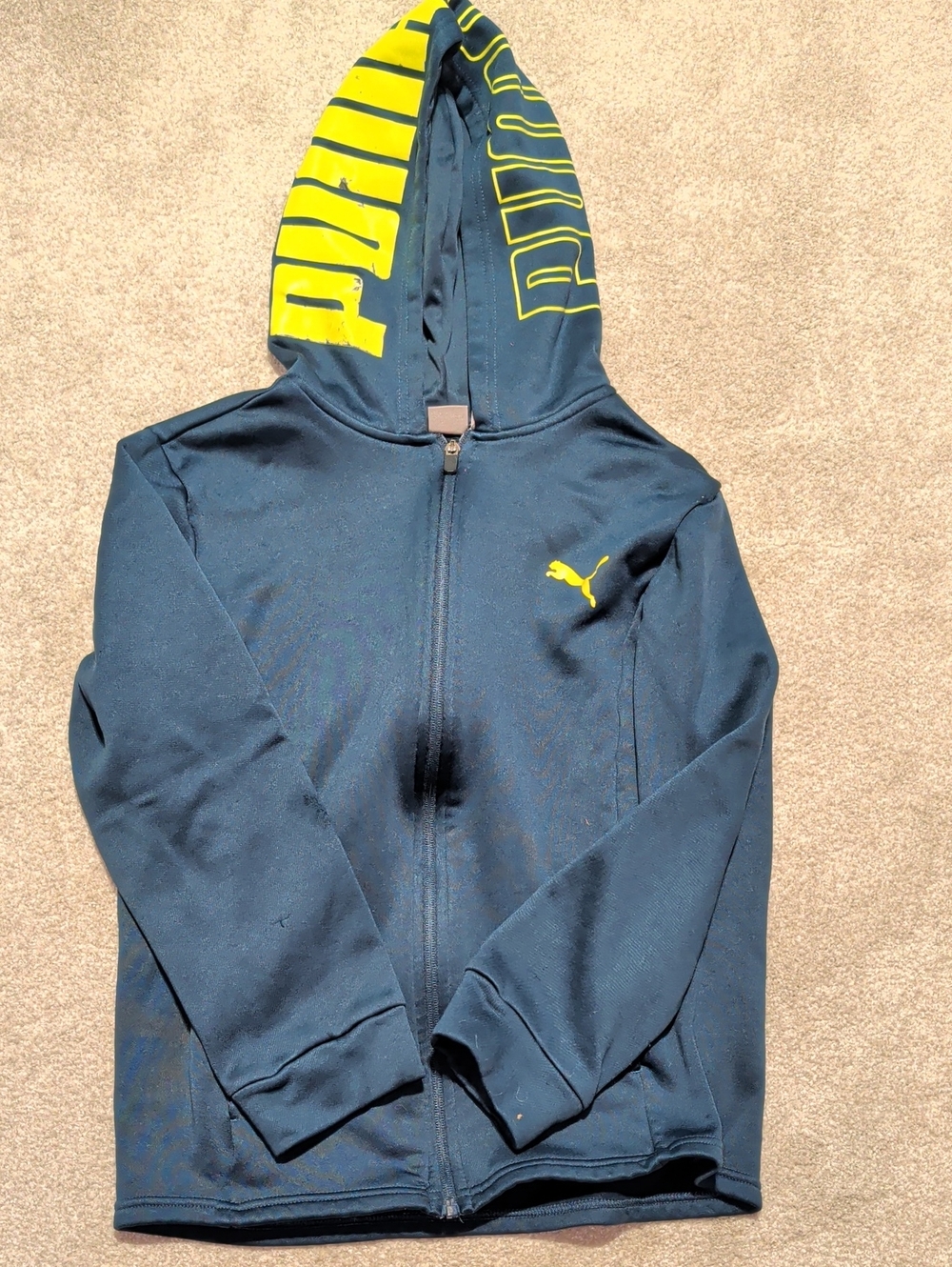Puma Navy Blue Kids Zip Hoodie with Yellow Logo and Hood Lettering